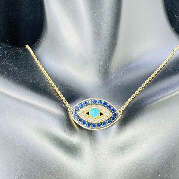 Evil Eye Link Pendant Blue & Clear Rhinestones over Gold Plated Necklace 16-19" - Picture 2 of 10